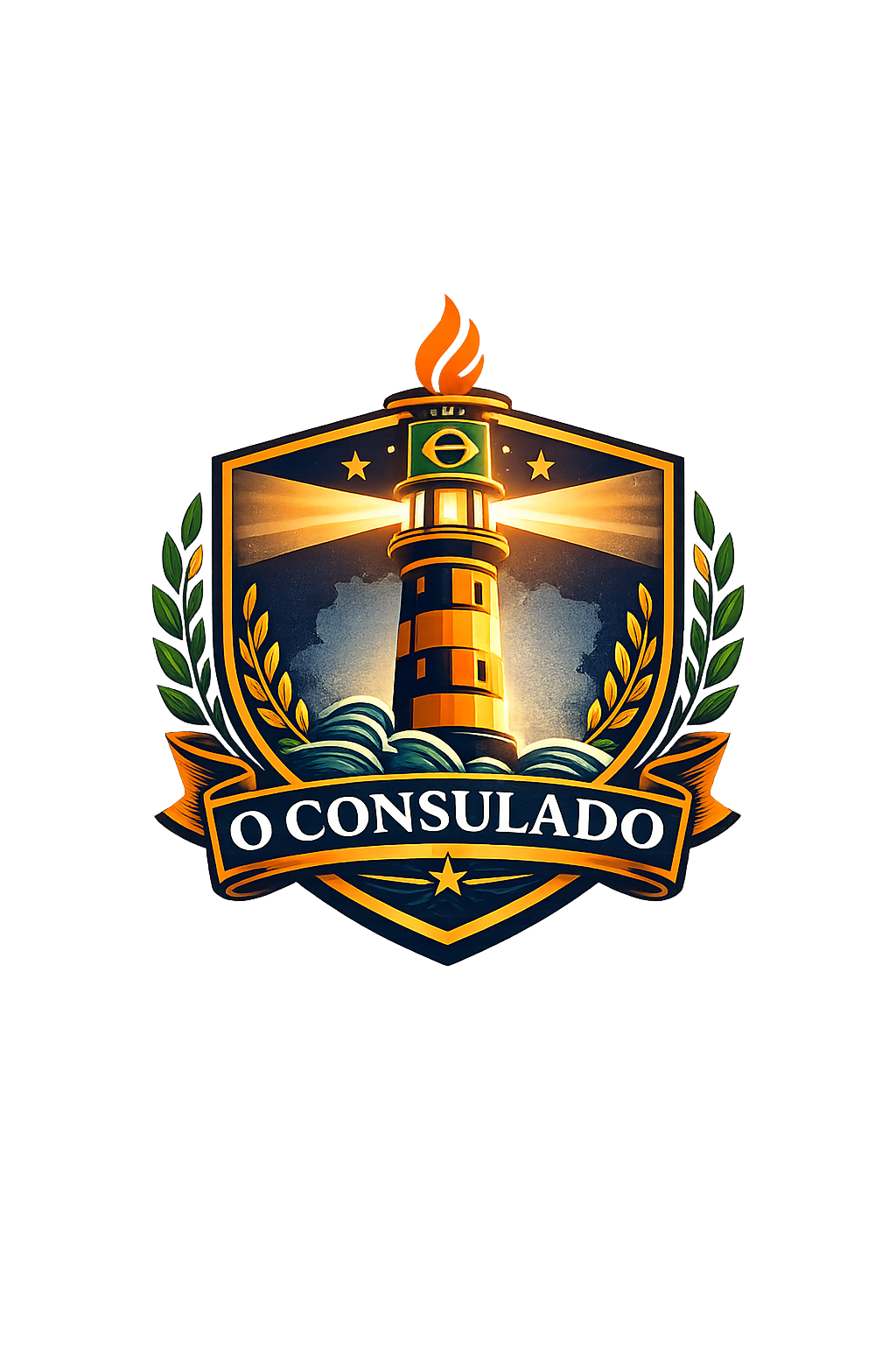 Brasão oficial da Academia O CONSULADO: farol, tocha, louros e ondas