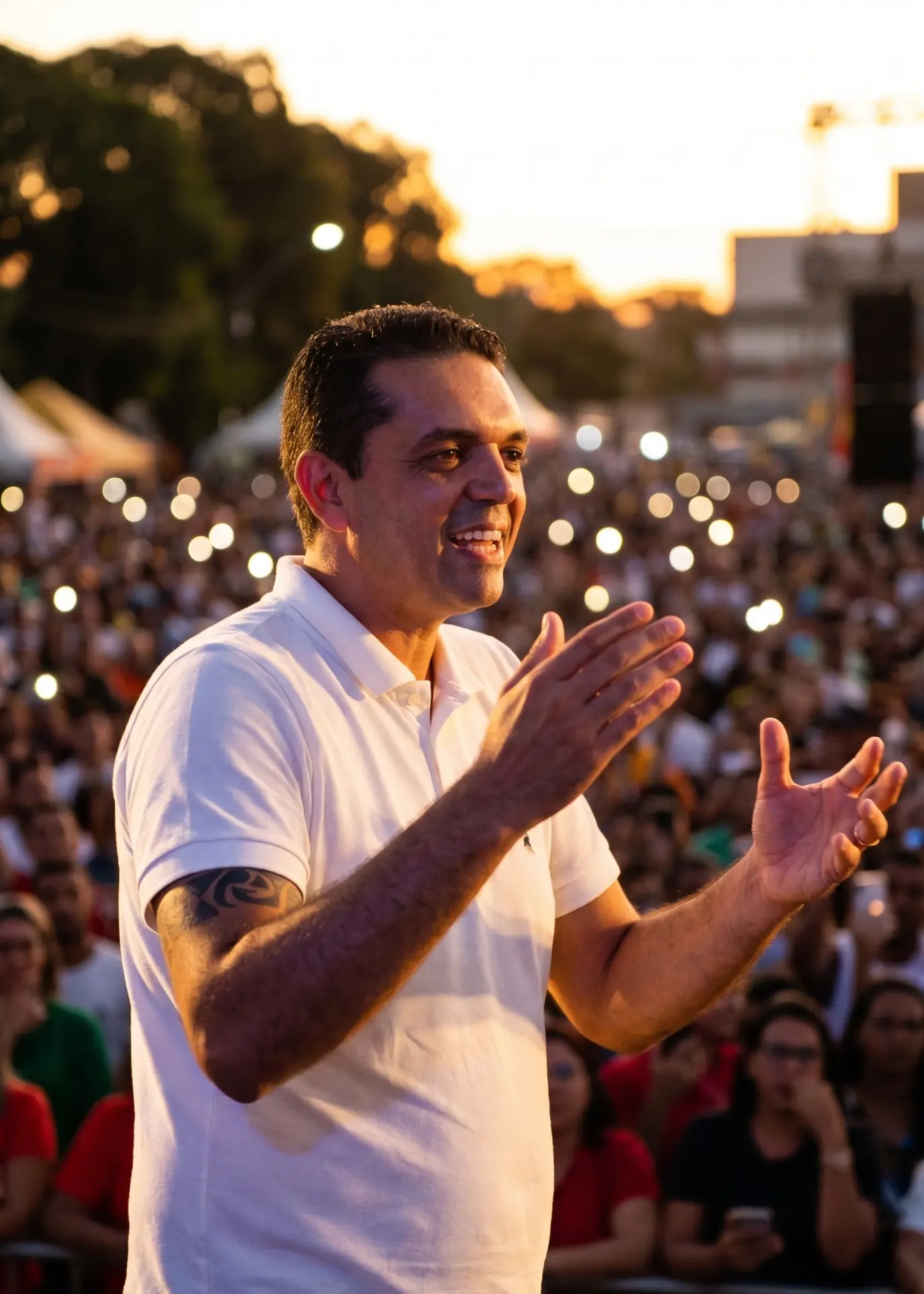Douglas Campos em evento ao ar livre falando para plateia